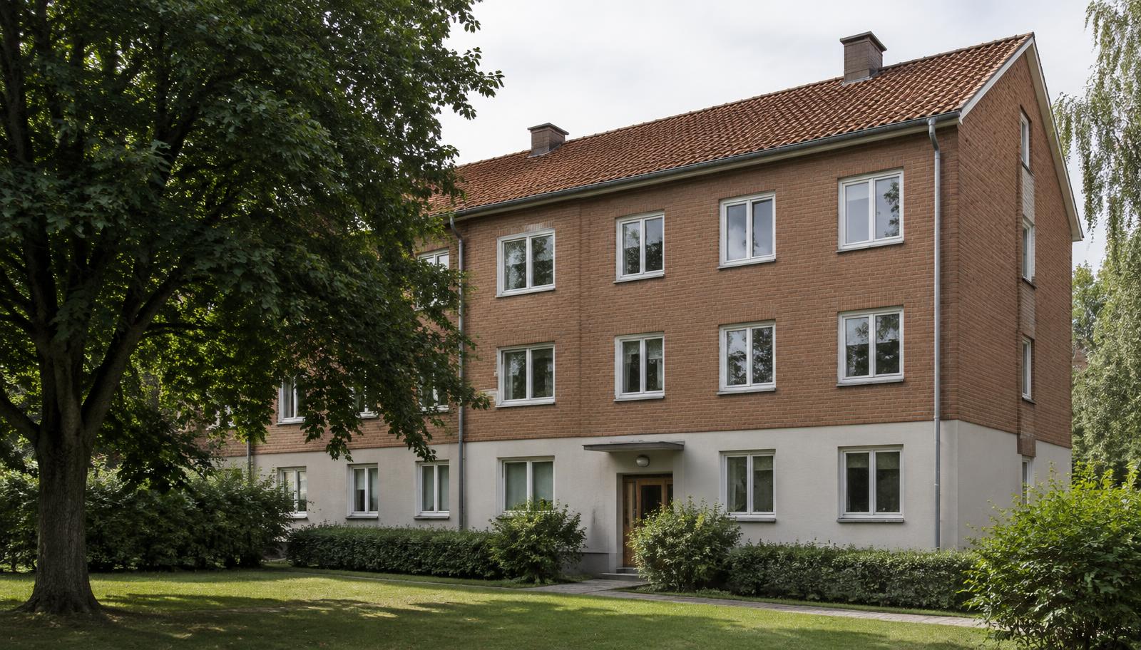 Svenskt flerbostadshus med tegelfasad och tegeltak
